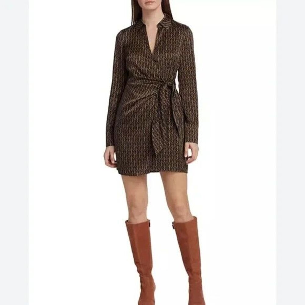 Veronica Beard Black and Brown Printed Wrap Mini Dress